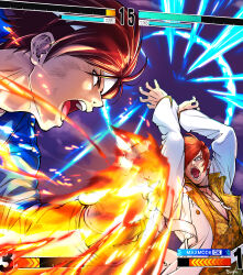 Rule 34 | 2boys, absurdres, black choker, blue jacket, brown hair, choker, coat, crescent, crescent necklace, fighting stance, fingerless gloves, fire, furrowed brow, gloves, hair over one eye, hands up, headband, health bar, highres, jacket, jewelry, kusanagi kyou, long sleeves, male focus, multiple boys, necklace, open mouth, parted bangs, red hair, short hair, shouting, signature, strikebeagle, the king of fighters, the king of fighters xv, upper body, waistcoat, white coat, white headband, wide-eyed, yagami iori