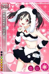 Rule 34 | 10s, 1girl, :d, animal costume, black hair, black nails, card (medium), character name, detached collar, love live!, love live! school idol festival, love live! school idol project, nail polish, navel, official art, open mouth, panda costume, pom pom (clothes), red eyes, smile, solo, twintails, yazawa nico
