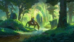 Rule 34 | 1boy, blonde hair, bow (weapon), drinking, guardian (zelda), highres, horse, jeremy fenske, link, male focus, nature, nintendo, plant, ponytail, riding, ruins, scenery, shield, shield on back, solo, the legend of zelda, the legend of zelda: breath of the wild, tree, vines, weapon