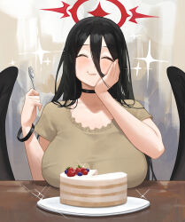 Rule 34 | 1girl, black choker, black hair, black wings, blue archive, blush, breast rest, breasts, breasts on table, cake, choker, closed mouth, eating, feathered wings, food, foodgasm, halo, hand on own cheek, hand on own face, hasumi (blue archive), highres, holding, holding spoon, large breasts, long hair, mole, mole under eye, nhaliz, red halo, shirt, short sleeves, smile, solo, spoon, very long hair, wings, yellow shirt