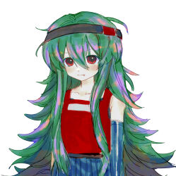 Rule 34 | 1other, absurdres, androgynous, belt, bingkuaihei, black belt, black hairband, blue skirt, chinese commentary, closed mouth, commentary request, elbow gloves, fang, gloves, green hair, hair between eyes, hairband, highres, len&#039;en, long hair, looking at viewer, other focus, pleated skirt, red eyes, red tank top, simple background, skirt, smile, solo, taira no fumikado, tank top, white background