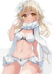 Rule 34 | 1girl, :o, bikini, blonde hair, blush, breasts, commentary request, genshin impact, highres, long hair, looking at viewer, lumine (genshin impact), manyou, medium breasts, scarf, simple background, solo, swimsuit, thighs, white background, white bikini, white scarf, yellow eyes