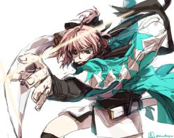 Rule 34 | 1girl, ahoge, black bow, black thighhighs, blonde hair, blood, blood on face, bow, fate/grand order, fate (series), foreshortening, japanese clothes, katana, okita souji (fate), okita souji (koha-ace), scarf, shinsengumi, short hair, solo, sword, thighhighs, weapon, white background