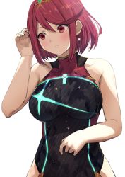Rule 34 | 1girl, adjusting hair, bare arms, bare shoulders, black one-piece swimsuit, blush, breasts, chest jewel, competition swimsuit, earrings, highres, jewelry, large breasts, misaki nonaka, nintendo, one-piece swimsuit, pyra (pro swimmer) (xenoblade), pyra (xenoblade), red eyes, red hair, short hair, simple background, solo, swept bangs, swimsuit, tiara, white background, xenoblade chronicles (series), xenoblade chronicles 2