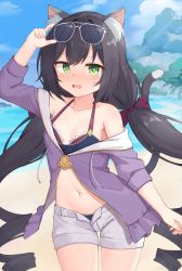 Rule 34 | 1girl, animal ear fluff, animal ears, arm up, bare shoulders, beach, bikini, bikini under clothes, black hair, blue bikini, blush, bow, breasts, cat ears, cat girl, cat tail, commentary request, cowboy shot, day, fang, front-tie bikini top, front-tie top, ginka (gink a), green eyes, grey-framed eyewear, hair bow, highres, jacket, karyl (princess connect!), long hair, long sleeves, looking at viewer, low twintails, off shoulder, open clothes, open fly, open jacket, open mouth, open shorts, outdoors, princess connect!, purple bow, purple jacket, ringlets, sand, short shorts, shorts, small breasts, solo, standing, sunglasses, sunglasses on head, swimsuit, tail, tail raised, twintails, very long hair, water, white shorts