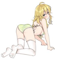 Rule 34 | 1girl, aa211108, all fours, ass, bare legs, bare shoulders, barefoot, bikini, blonde hair, blush, breasts, closed mouth, dot mouth, dot nose, feet, full body, green bikini, green eyes, hair between eyes, hoshii miki, idolmaster, idolmaster (classic), idolmaster million live!, idolmaster million live! theater days, legs, long hair, looking at viewer, looking back, medium breasts, parted bangs, side-tie bikini bottom, sidelocks, simple background, soles, solo, string bikini, striped bikini, striped clothes, swimsuit, thighhighs, toes, wavy hair, white background, white thighhighs