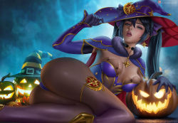 Rule 34 | 1girl, alexander dinh, ass, black gloves, black hair, blue eyes, breasts, capelet, cleavage, commentary, english commentary, fur trim, genshin impact, gloves, hair between eyes, halloween, hat, jack-o&#039;-lantern, legs, lips, long hair, looking at viewer, lying, medium breasts, mona (genshin impact), open mouth, paid reward available, pumpkin, purple hat, solo, striped clothes, striped headwear, twintails, witch hat