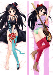 Rule 34 | 1girl, akiyama mio, ass, asymmetrical clothes, bare shoulders, barefoot, bass guitar, between breasts, black eyes, black hair, blue nails, blue pantyhose, blush, boots, bouquet, bow, breasts, breasts squeezed together, cane, cleavage, clothes pull, dakimakura (medium), don&#039;t say &quot;lazy&quot;, feet, flower, food, fruit, guitar, hair bow, hat, highres, instrument, k-on!, listen!!, long hair, looking back, mini hat, mini top hat, multiple views, nail polish, panties, pantyhose, pantyhose pull, pink nails, print panties, red pantyhose, shoes, single shoe, single sock, single thighhigh, socks, star (symbol), star print, strawberry, striped clothes, striped panties, tears, thighhighs, toenail polish, toenails, toes, top hat, u (the unko), underwear
