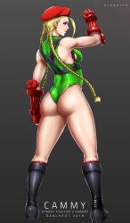 Rule 34 | 1girl, ass, blonde hair, blue eyes, boots, braid, breasts, cammy white, capcom, from behind, full body, gloves, green leotard, hand up, hat, highres, legs, legs apart, leotard, long hair, looking at viewer, shiny skin, soldier, solo, street fighter, street fighter ii (series), thighs, victory pose