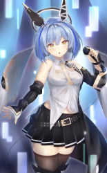 Rule 34 | + +, 1girl, :o, absurdres, azur lane, bare shoulders, belt, black skirt, blue hair, breasts, brown thighhighs, collared shirt, cowboy shot, cross, detached sleeves, fingerless gloves, gascogne (azur lane), gascogne (muse) (azur lane), gauntlets, gloves, halo, headgear, highres, holding, holding microphone, latin cross, looking at viewer, mechanical halo, medium breasts, microphone, miniskirt, multicolored hair, navel, parted lips, pleated skirt, ponta (velmar), shirt, short hair, skindentation, skirt, sleeveless, sleeveless shirt, solo, streaked hair, studded belt, symbol-shaped pupils, thighhighs, white shirt, yellow eyes, zettai ryouiki
