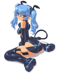 Rule 34 | 10s, ass, bad id, bad pixiv id, blue hair, blush, busou shinki, cable, cable tail, dd (ijigendd), doll joints, joints, long hair, looking back, mechanical tail, pointy ears, red eyes, sitting, solo, tail, thighhighs, twintails, valona, wariza