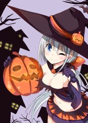 Rule 34 | 1girl, bad id, bad pixiv id, blue eyes, blush, breasts, cape, cleavage, cowboy shot, gloves, hako roku, halloween, hat, highres, jack-o&#039;-lantern, long hair, midriff, navel, original, ponytail, purple gloves, silver hair, skirt, smile, solo, very long hair, witch, witch hat