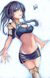 Rule 34 | 1girl, blue hair, blue skirt, boots, breasts, cleavage, cowboy shot, gotland (kancolle), kantai collection, large breasts, long hair, looking at viewer, midriff, miniskirt, mole, mole under eye, navel, official alternate costume, race queen, signature, skirt, solo, thigh boots, thighhighs, white footwear, yanagi wakana
