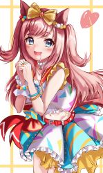 Rule 34 | absurdres, agnes digital (umamusume), animal ears, belly, belt, blue eyes, blush, bow, fingernails, hair bow, heart, highres, horse ears, horse girl, horse tail, long hair, looking at viewer, midriff, open mouth, own hands together, pink hair, saliva, simple background, solo, tail, umamusume, user yrmv7377