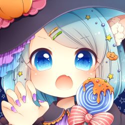 Rule 34 | 1girl, :d, :o, animal ears, blue background, blue eyes, blush, bow, candy, claw pose, fingernails, food, food-themed hair ornament, hair ornament, hairclip, halloween, hat, lollipop, looking at viewer, nail polish, open mouth, original, portrait, pumpkin hair ornament, purple nails, sanotsuki, smile, solo, star (symbol), star hair ornament, striped, striped bow, swept bangs, swirl lollipop, v-shaped eyebrows, witch, witch hat