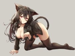 Rule 34 | 1girl, absurdres, all fours, animal ears, ass, black hair, blush, bneoul, breasts, cat, cleavage, collared shirt, frown, hair between eyes, highres, large breasts, long hair, looking at viewer, partially unbuttoned, shirt, solo, tail, thighs
