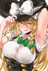 Rule 34 | 1girl, adjusting clothes, adjusting headwear, alternate breast size, arm behind head, armpits, black hat, blonde hair, blush, bow, bowtie, braid, breasts, bursting breasts, button gap, frilled hat, frills, green bow, hair bow, hand on headwear, hat, hat bow, highres, holding, kirisame marisa, large breasts, long hair, looking at viewer, retoruto, shirt, simple background, solo, sweat, tight clothes, tight shirt, touhou, very long hair, white background, white bow, white shirt, witch hat, yellow eyes