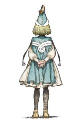 Rule 34 | 1girl, aqua hat, blonde hair, cloak, coco (tongari boushi no atelier), facing away, from behind, full body, hat, highres, own hands together, pointy hat, shirahama kamome, simple background, skirt, solo, standing, tongari boushi no atelier, with handala pose, wizard hat