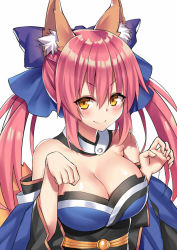 Rule 34 | 10s, 1girl, animal ears, bare shoulders, blue ribbon, blush, breasts, cleavage, closed mouth, fate/extra, fate (series), fox ears, fox tail, google (asdek18), hair ribbon, japanese clothes, large breasts, long hair, looking to the side, pink hair, ribbon, simple background, smile, solo, tail, tamamo (fate), tamamo no mae (fate/extra), twintails, upper body, white background, yellow eyes
