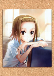 Rule 34 | 00s, 1girl, absurdres, breasts, brown eyes, brown hair, cleavage, female focus, goto p, hairband, highres, indoors, k-on!, scan, school uniform, short hair, small breasts, solo, tainaka ritsu