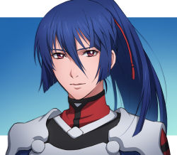 Rule 34 | 1boy, absurdres, blue background, blue hair, closed mouth, hair between eyes, hair ribbon, high ponytail, highres, long hair, looking at viewer, macross, macross frontier, male focus, mosako, red eyes, red ribbon, ribbon, saotome alto, solo, white background