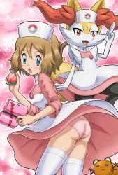 Rule 34 | 10s, 1girl, alternate legwear, animal ear fluff, animal nose, ass, berry, berry (pokemon), blue eyes, blush, braixen, breasts, brown hair, clothes lift, cosplay, creatures (company), dedenne, dress, dress lift, embarrassed, fang, food, fruit, game freak, gen 6 pokemon, hat, heart, joy (pokemon), joy (pokemon) (cosplay), light brown hair, looking at viewer, looking back, needle, nintendo, nurse, nurse cap, open mouth, panties, pantyshot, pink panties, pokemoa, pokemon, pokemon (anime), pokemon xy, serena (pokemon), snout, standing, strawberry, thighhighs, underwear, upskirt, white thighhighs