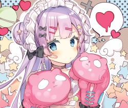 Rule 34 | 1girl, bandaid, bandaid on face, blue eyes, blush, bow, boxing gloves, choker, commentary request, dress, earrings, frilled dress, frills, hair bow, hair ornament, hairclip, heart, jewelry, kabako (lilypicture410v), light purple hair, long hair, looking at viewer, maid headdress, original, solo, star (symbol), upper body