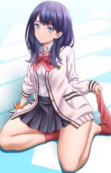 Rule 34 | 1girl, black hair, black skirt, blue eyes, bow, bowtie, buttons, cardigan, closed mouth, collared shirt, commentary request, fingernails, gridman universe, highres, legs, long hair, long sleeves, looking at viewer, masatoshi 1219, miniskirt, no shoes, open cardigan, open clothes, pleated skirt, red bow, red socks, removing sock, school uniform, shirt, skirt, smile, socks, solo, ssss.gridman, takarada rikka, thighs, white cardigan, white shirt
