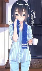 Rule 34 | 1girl, bad id, bad twitter id, blouse, blue eyes, blue pajamas, blue pants, blue shirt, blue towel, breasts, coffee mug, cup, hair between eyes, holding, holding cup, long hair, looking at viewer, mug, pajamas, pants, shirt, short hair, short sleeves, sleepy, solo, standing, striped clothes, striped shirt, towel, towel around neck, translation request, vertical-striped clothes, vertical-striped shirt, yuki arare