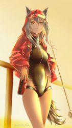 Rule 34 | 1girl, against railing, animal ear fluff, arknights, artist name, backlighting, black one-piece swimsuit, breasts, can, casual one-piece swimsuit, closed mouth, drink can, evening, feet out of frame, fishing rod, groin, hair between eyes, highres, holding, holding can, hood, hood up, hooded jacket, jacket, long hair, long sleeves, looking at viewer, medium breasts, official alternate costume, one-piece swimsuit, open clothes, open jacket, orange eyes, outdoors, projekt red (arknights), projekt red (light breeze) (arknights), railing, red jacket, revision, sky, smile, soda can, solo, standing, sunset, swimsuit, swimsuit under clothes, tail, thighs, twitter username, unzipped, wolf girl, wolf tail, yellow sky, yokaze (yokajie)