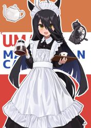 Rule 34 | 1girl, ahoge, alternate costume, animal ears, black hair, blush, coffee grinder, coffee pot, commentary request, cup, dress, enmaided, frilled dress, frills, hair between eyes, highres, holding, holding coffee pot, holding tray, horse ears, horse girl, horse tail, kuronosu (yamada1230), long sleeves, maid, maid headdress, manhattan cafe (umamusume), multicolored background, multicolored hair, open mouth, smile, solo, streaked hair, tail, tray, umamusume, white hair, yellow eyes