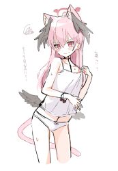 Rule 34 | 1girl, adjusting clothes, animal ear fluff, animal ears, bikini, black bikini, black wings, blue archive, blush, bow, bow panties, camisole, check translation, collarbone, commentary, cropped legs, embarrassed, feathered wings, hair between eyes, halo, hand up, head wings, highres, kemonomimi mode, koharu (blue archive), long hair, low wings, panties, pink eyes, pink hair, pink tail, sentouryoku 5, solo, squiggle, sweat, swimsuit, tail, translation request, underwear, white background, white camisole, white panties, wings
