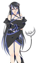 Rule 34 | 1girl, :d, akitetsu, arms under breasts, bandeau, belt, black bandeau, black belt, black hair, black jacket, black skirt, blue belt, blue hair, breasts, brown eyes, chest belt, cleavage, collarbone, crossed arms, curled horns, demon girl, demon horns, demon tail, fangs, feet out of frame, grey horns, hair between eyes, hebiyoi tier, hebiyoi tier (1st costume), highres, horns, jacket, large breasts, long bangs, long hair, long sleeves, looking at viewer, multicolored hair, nanashi inc., off shoulder, open mouth, pointy ears, sidelocks, simple background, skirt, smile, snake bite, solo, tail, two-tone hair, virtual youtuber, white background