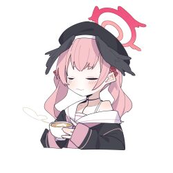 Rule 34 | 1girl, beret, black hat, black shirt, black wings, blue archive, blush, closed eyes, closed mouth, coffee, cup, halo, hat, head wings, highres, holding, holding cup, koharu (blue archive), koyansuee, long hair, long sleeves, pink hair, red halo, sailor collar, sailor shirt, shirt, simple background, solo, twintails, upper body, white background, white sailor collar, white shirt, wings