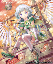 Rule 34 | 1girl, candy, cloud, elbow gloves, feathers, floating island, food, gears, gloves, green footwear, grey hair, hair ornament, high heels, highres, licking lips, lollipop, mecha, mechanical wings, naka (2133455), navel, official art, orange sky, robot, science fiction, senjou no electro girl, shoes, short hair, sky, solo, thighhighs, tongue, tongue out, tower, white gloves, white thighhighs, wings