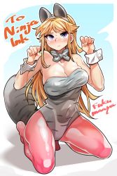 Rule 34 | 1girl, absurdres, animal ears, arms up, artist name, blonde hair, blue background, blush, border, bow, bowtie, breasts, character request, cleavage, closed mouth, copyright request, fake animal ears, fukumaaya, grey leotard, grey tail, hairband, head tilt, highres, kneeling, leotard, long hair, looking at viewer, outline, pantyhose, paw pose, pink pantyhose, purple eyes, shadow, sidelocks, solo, strapless, strapless leotard, striped tail, sweat, tail, white background, white border, white outline, wrist cuffs