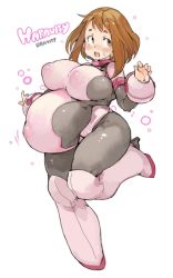 Rule 34 | 1girl, blush, bodysuit, boku no hero academia, breasts, brown eyes, brown hair, covered erect nipples, curvy, embarrassed, high heels, highres, huge breasts, large areolae, large breasts, large nipples, leg up, medium hair, open mouth, outie navel, pregnant, puffy areolae, puffy nipples, sachito, sidelocks, solo, sweat, thick thighs, thighs, uraraka ochako, wide hips