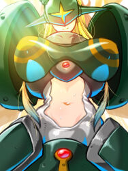 Rule 34 | 1girl, armor, blonde hair, boobplate, breastplate, breasts, center opening, closed mouth, clothing cutout, commentary request, covered eyes, cowboy shot, digimon, digimon (creature), dress, gerusyu, green armor, helmet, highres, large breasts, long hair, navel, navel cutout, ofanimon, shoulder armor, smile, solo, standing, sweat, white dress