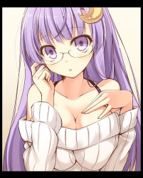 Rule 34 | 1girl, bare shoulders, bespectacled, blush, breasts, cleavage, collarbone, crescent, exe (artist), glasses, large breasts, long hair, long sleeves, looking at viewer, patchouli knowledge, purple eyes, purple hair, ribbed sweater, solo, sweater, touhou, xe (execut3r)