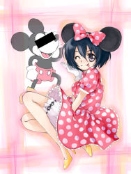 Rule 34 | 1girl, ;p, animal ears, bloomers, bow, censored, cosplay, disney, gloves, hair bow, hair ribbon, hakui ami, high heels, identity censor, mickey mouse, minnie mouse, minnie mouse (cosplay), mouse ears, one eye closed, personification, pink bow, polka dot, ribbon, shoes, tongue, tongue out, underwear, white bloomers, wink