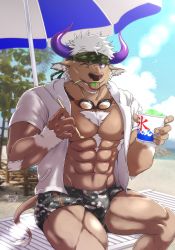 Rule 34 | 1boy, abs, alternate costume, animal ears, bara, beach, brown fur, bulge, camouflage, camouflage headwear, camouflage swimsuit, chest hair, cow ears, cow horns, cow tail, feet out of frame, furry, furry male, headband, highres, holding, hood, hooded jacket, horns, jacket, large pectorals, male focus, male swimwear, mature male, minotaur, muscular, muscular male, navel, nipple slip, nipples, open clothes, open jacket, pectoral cleavage, pectorals, print male swimwear, purple eyes, purple horns, shennong (housamo), short hair, sideburns, sitting, solo, stomach, sunlight, swim briefs, tail, thighs, tokyo houkago summoners, umbrella, white hair, yanai inaya