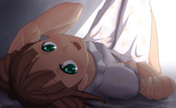 Rule 34 | 1girl, adjusting hair, aouma, aouma (pixiv), bad id, bad pixiv id, bed, bed sheet, blush, brown hair, face, floral print, foreshortening, green eyes, idolmaster, idolmaster (classic), jpeg artifacts, legs up, long hair, looking at viewer, looking up, lying, nightgown, on back, open mouth, pajamas, skirt, smile, solo, sunlight, takatsuki yayoi, twintails, upside-down