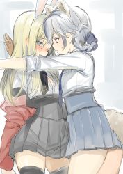 Rule 34 | 2girls, animal ears, black legwear, black skirt, blonde hair, blue eyes, blue skirt, blush, braid, brown eyes, rabbit ears, dog ears, dog tail, elin, emily (pure dream), eye contact, face-to-face, grey hair, highres, jacket, long hair, looking at another, multiple girls, necktie, off shoulder, open clothes, open shirt, red jacket, shirt, sketch, skirt, tail, tera online, thighhighs, unbuttoned, kabedon, white shirt, yuri