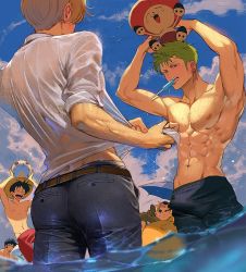 Rule 34 | 5boys, :d, ^ ^, afloat, armpits, arms up, ass, back, ball, beachball, beard, belt, black hair, black male swimwear, black swim trunks, blonde hair, blue pants, bulge, chibi, closed eyes, collarbone, day, denim, dutch angle, earrings, erection, erection under clothes, facial hair, food, food in mouth, furry, furry male, green hair, groin, half-closed eyes, hat, height difference, jeans, jewelry, long nose, looking at another, lowleg, lying, male focus, male swimwear, monkey d. luffy, mouth hold, multiple boys, muscular, muscular male, navel, nipples, ocean, on back, one piece, open mouth, outdoors, pants, pectorals, pocket, popsicle, roronoa zoro, runa (nori31291404), sanji (one piece), see-through, shirt, short hair, sideburns, sitting, sitting on head, sitting on person, sleeves rolled up, smile, standing, stomach, sunglasses, swim trunks, swimsuit, toned, toned male, tony tony chopper, topless male, trafalgar law, usopp, wading, water, wet, wet clothes, wet shirt, white shirt, wringing clothes, |d