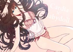 Rule 34 | 1girl, aqua eyes, ariake aria, arm up, babydoll, breasts, brown hair, cardia beckford, character name, cleavage, code:realize, frills, legs, lingerie, long hair, looking at viewer, parted lips, pink background, see-through, simple background, solo, underwear