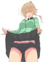 &gt;_&lt; 1girl black_panties black_skirt black_underwear blonde_hair blush boyshort_panties breasts closed_eyes clothes_lift cowboy_shot edging_panties edging_underwear from_below gluteal_fold green_jacket jacket kakiku_keiko large_breasts lifting_own_clothes oteruko_(wanabeee) panties skirt skirt_lift sweatdrop thighs track_jacket underwear