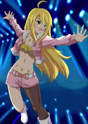 Rule 34 | 1girl, ahoge, asymmetrical clothes, blonde hair, boots, breasts, cleavage, fishnet pantyhose, fishnets, green eyes, hoshii miki, idolmaster, idolmaster (classic), itigeki10k, jacket, jewelry, pantyhose under shorts, long hair, midriff, necklace, outstretched arms, pantyhose, shorts, single leg pantyhose, solo, stage lights