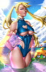 Rule 34 | 1girl, arms behind back, bare shoulders, bird, blonde hair, blue eyes, blue leotard, blue one-piece swimsuit, breasts, cleavage, cleavage cutout, clothing cutout, cloud, covered navel, deviantart username, edwin disla, floatation devices, heart cutout, highres, leotard, looking at viewer, mask, unworn mask, muscular, muscular female, one-piece swimsuit, outdoors, partially submerged, rainbow mika, sky, sleeveless, street fighter, sweatdrop, swimsuit, thighs, twintails, underboob, underboob cutout, water, wrestling outfit
