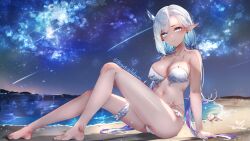Rule 34 | 2girls, ass, beach, bikini, blue hair, breasts, character request, chibi, cleavage, earrings, full body, gradient hair, grey eyes, grey hair, halo sweety, horns, indie virtual youtuber, jewelry, knees up, large breasts, long hair, multicolored eyes, multicolored hair, multiple girls, negativetabami, night, night sky, ocean, on ground, outdoors, pointy ears, purple eyes, purple hair, sand, single horn, sky, solo focus, swimsuit, twintails, virtual youtuber, water, white bikini