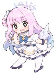 Rule 34 | 1girl, angel wings, blue archive, blunt bangs, bow, capelet, chibi, commentary request, dress, feathered wings, frilled dress, frills, hair bun, hair ornament, hair scrunchie, halo, highres, hoyo, leaning forward, long hair, looking at viewer, mika (blue archive), one side up, pantyhose, pink hair, school uniform, scrunchie, sidelocks, simple background, single side bun, solo, transparent background, white capelet, white pantyhose, white wings, wings, wrist scrunchie